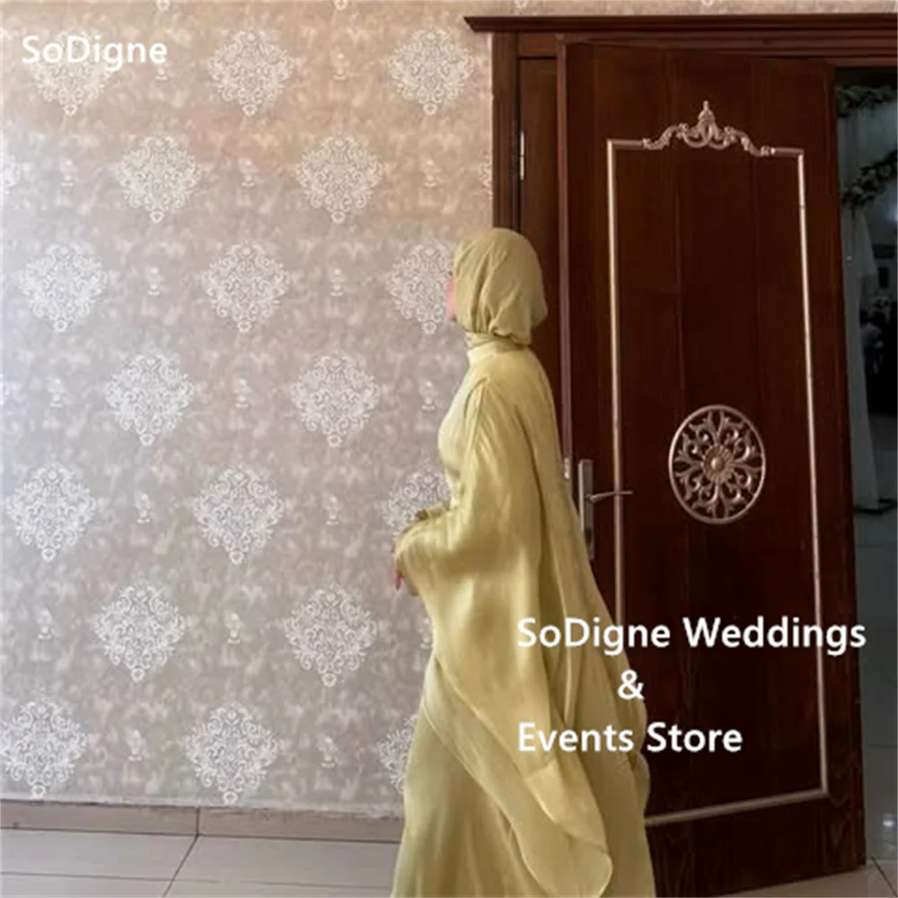 SoDigne Pale Yellow Green Evening Dress Flowy Cape Sleeves High Neck Party Dresses Satin Muslim Prom Gown 2026 Customized