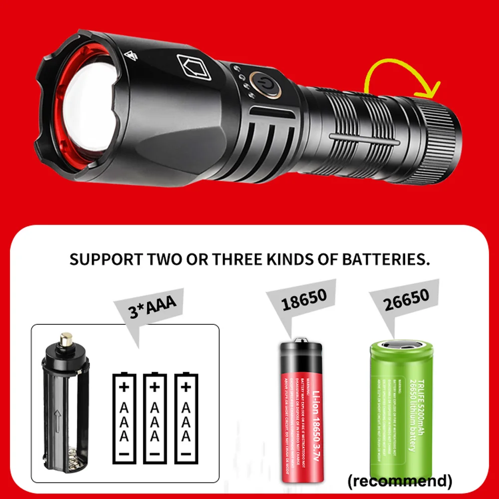 Imagem -06 - Usb Lanterna Led Recarregável Alta Potência Zoom Lanterna Tática Long Shot Tocha Flash Light 9999m 500w 9000000lm