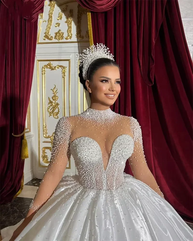 Customized Luxury Ball Gown Satin Wedding Dresses Long for Bride Sweetheart Neckline Puffy Beading Pearls Bridal Dresses Gowns