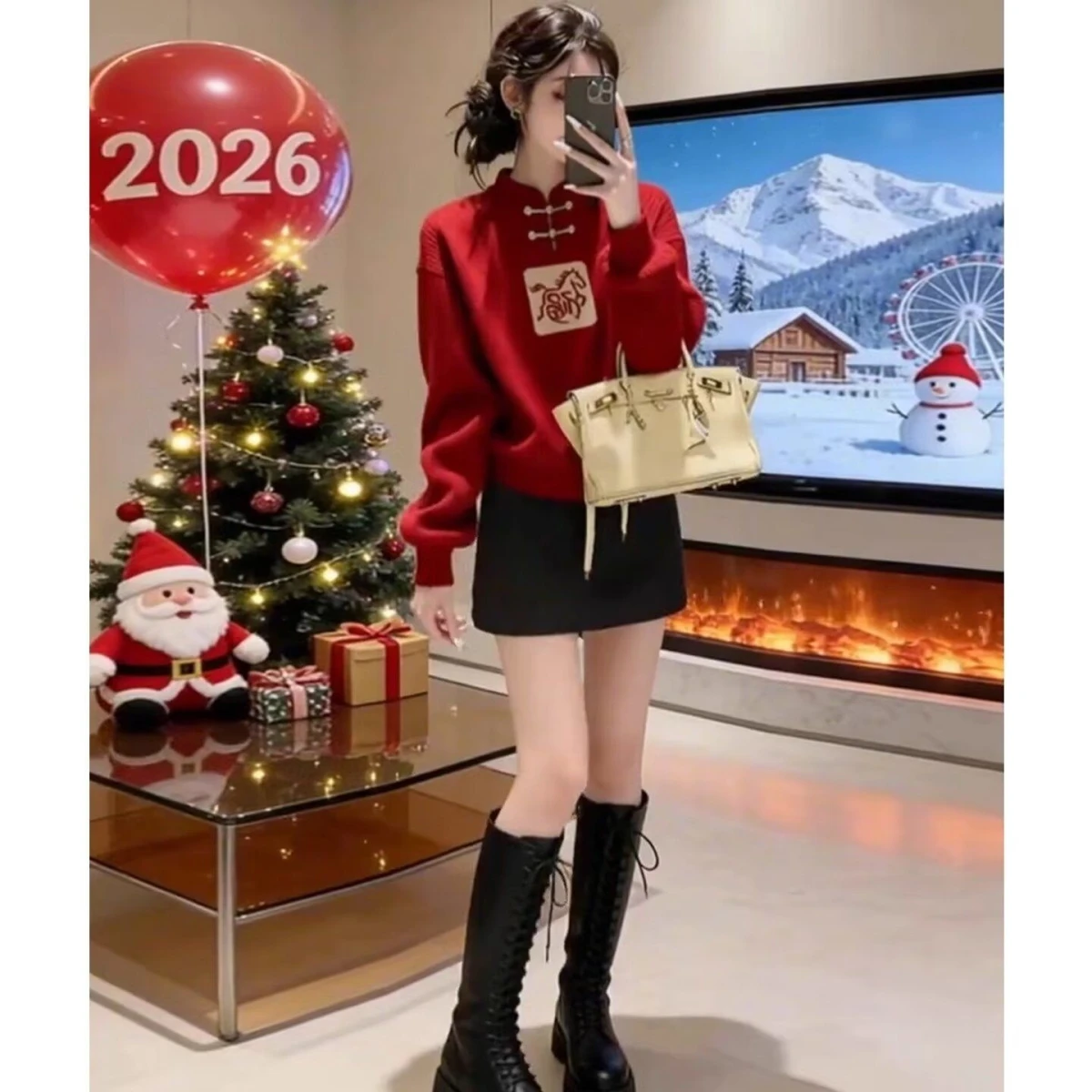 

Red Knitted Sweater Women's Loose Fit Casual Sle Polyester Fiber round Ne Button up Top New Autumn Winter Faion