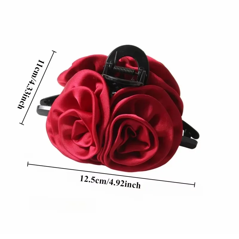 French Big Double Rose Flower Hair Claw Clips for Women Girls Vintage Satin Solid Fabric Handmade Shark Hairgrip Accessories New