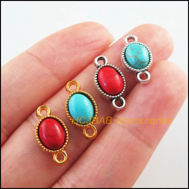 Fashion 20Pcs Retro Gold Color Tibetan Silver Tone Oval Blue&Red Stone Charms Connectors 8.5x16.5mm