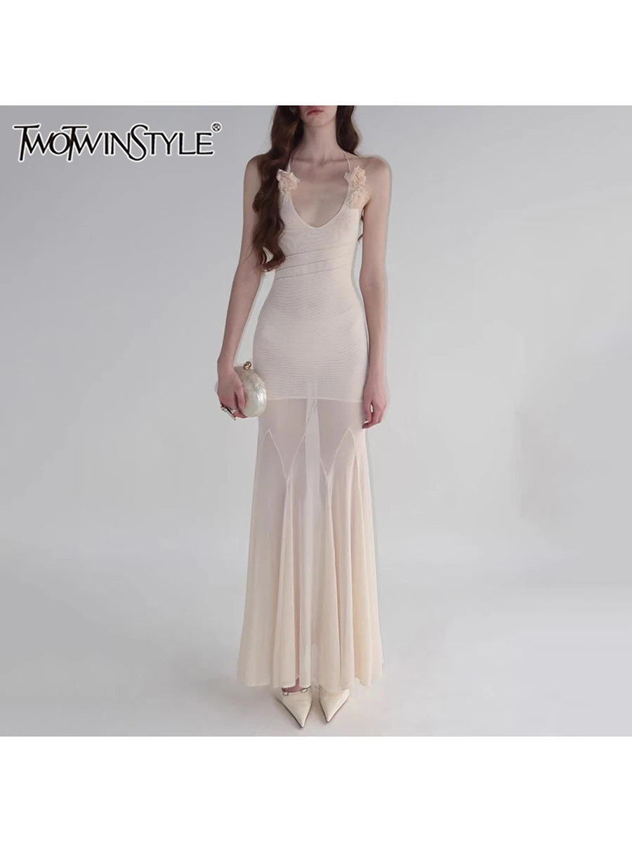 

TWOTWINSTYLE Solid Slimming Spliced 3D Flower Minimalist Dresses for Women Halter Sleeveless Sheer Sexy Dress Female Fashion New