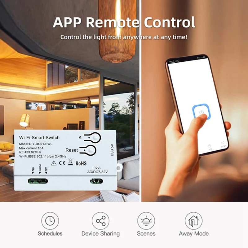 와이파이 스마트 스위치 Ewelink DIY 타이머 + RF433 원격 1CH 7-32V 2.4G 와이파이 홈 자동화 모듈, 알렉사 구글 홈 쉬운 설치