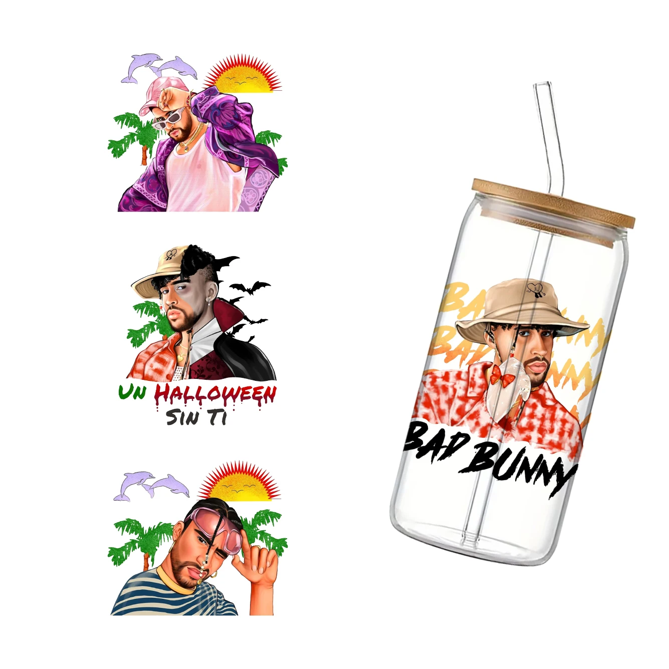 Singer Bad Bunny For Libbey 16oz Can Glass 3D Waterproof UV DTF Coffee Can Wrap Libbey Glass Wrap
