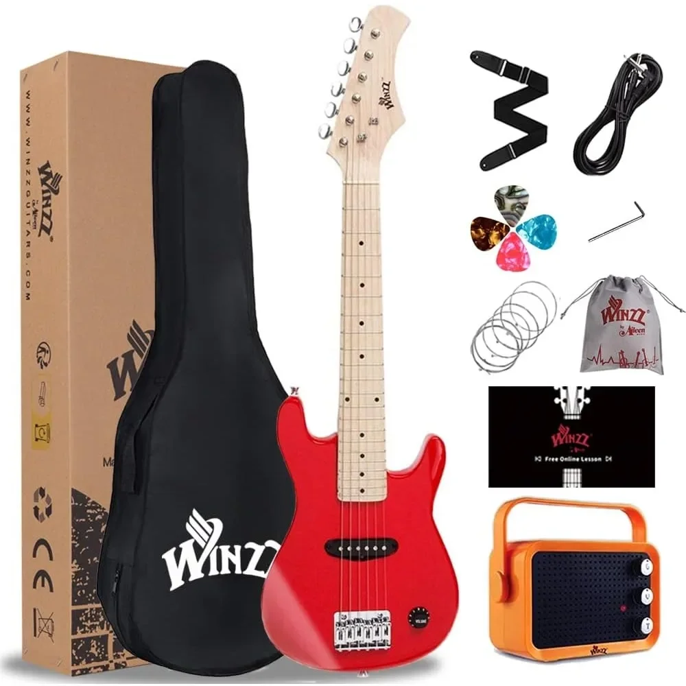 Winzz 30 Pulgadas Guitarra Eléctrica Infantil Kit, Mini Guitarra Electrica para Niños, Principiantes con Amplificador, Color Rojo
