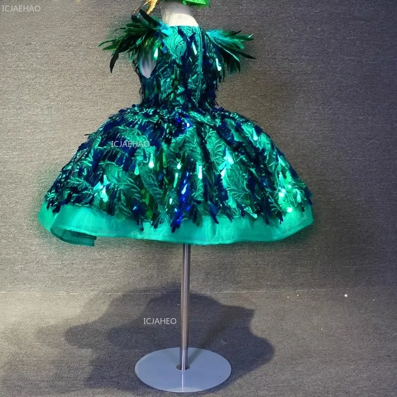 Kids Girls Green Sequin Short Party Dress Puffy Performance Fashion Show Host Pageant Tulle Princess Gown for New Year Children view 4