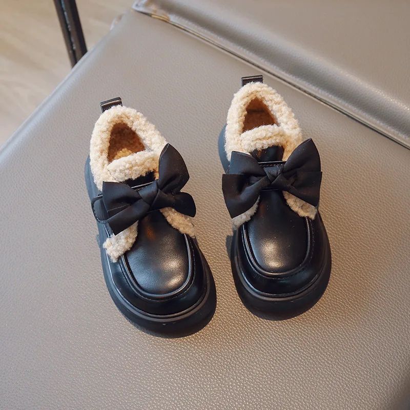 Children Plush Small Leather Shoes Winter New Warm Cotton Shoes Thick Sole Bowknot Girls Shoes Toddler Casual Shoes Kids Loafers