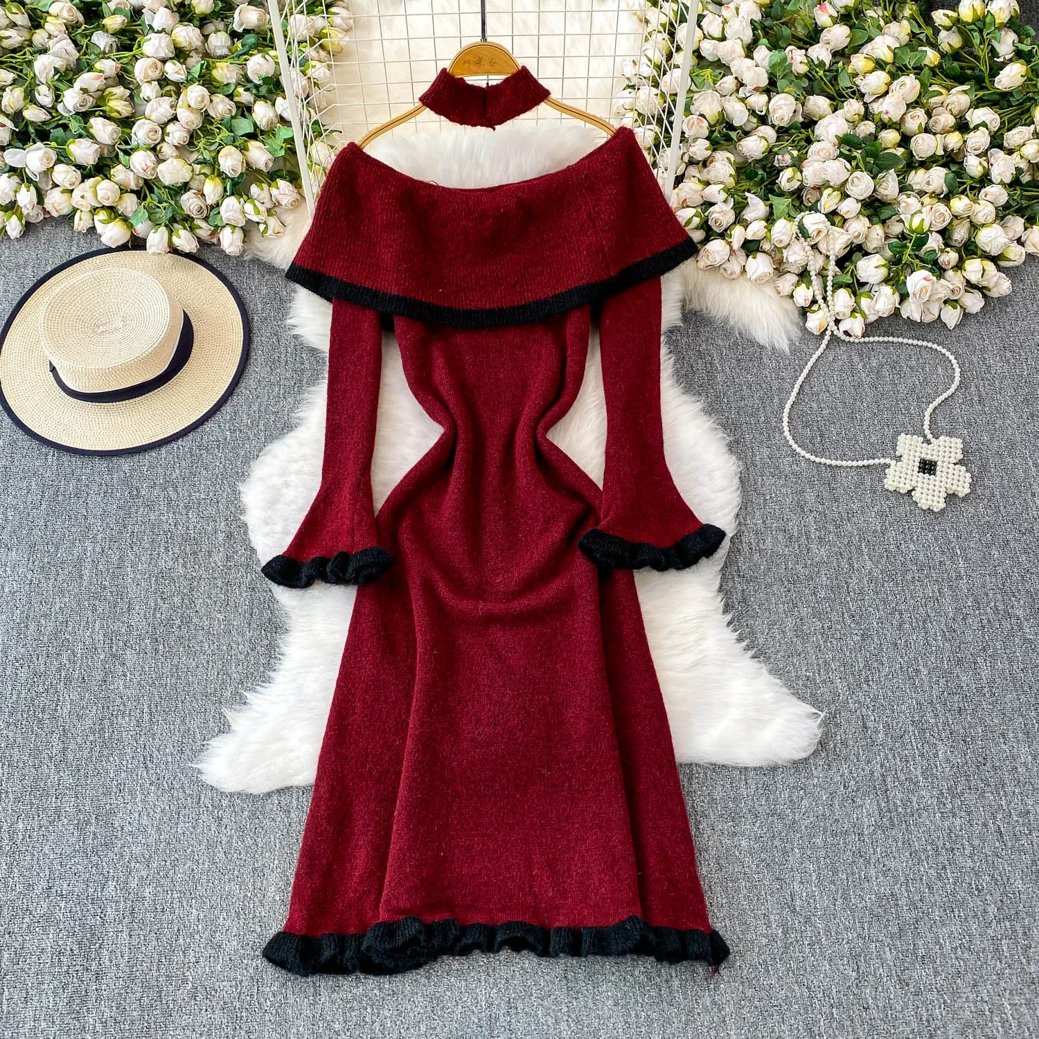 Chic vintage slash neck print dress Elegant Fairy korean fashion Boho Sundress Beach women clothing dress