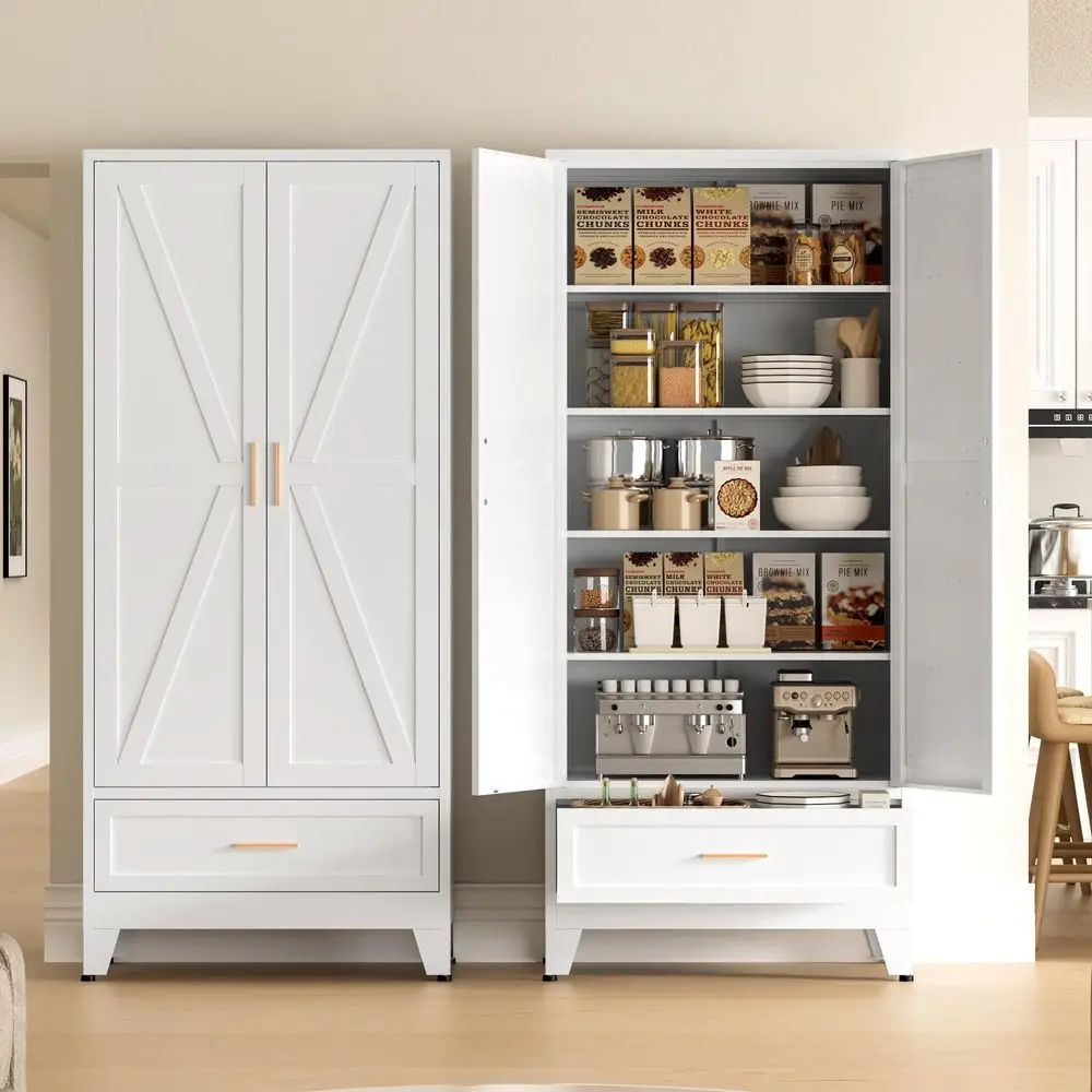 Metal Storage Cabinet, Farmhouse Storage Cabinet with 2 Doors and 4 Adjustable Shelves 71 White Kitchen Pantry Storage 5Tier Ta