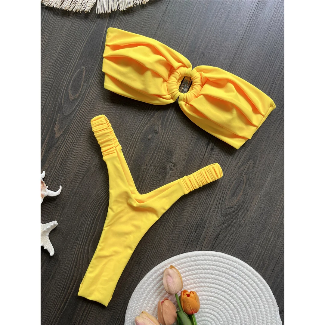 Gefalteter Bandeau-Bikini mit hohem Beinausschnitt, Mini-Tanga, Damen-Badeanzug, zweiteiliges Bikini-Set, Badebekleidung, Badeanzug, Schwimmbekleidung V6085 – Detail 20