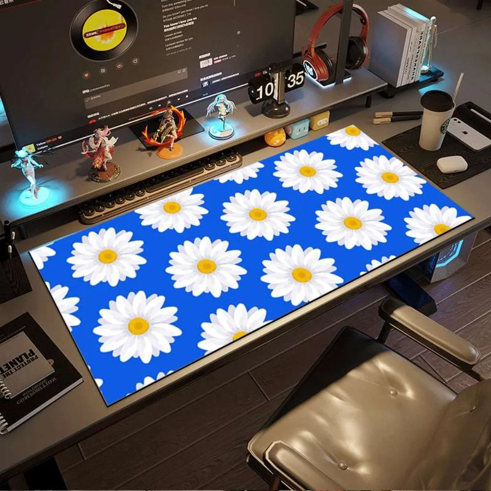 Vibrant Blue Daisy Large Desk Mat, White Floral Pattern Extended Mouse Pad, Non-Slip Keyboard Pad for Home Office Decor