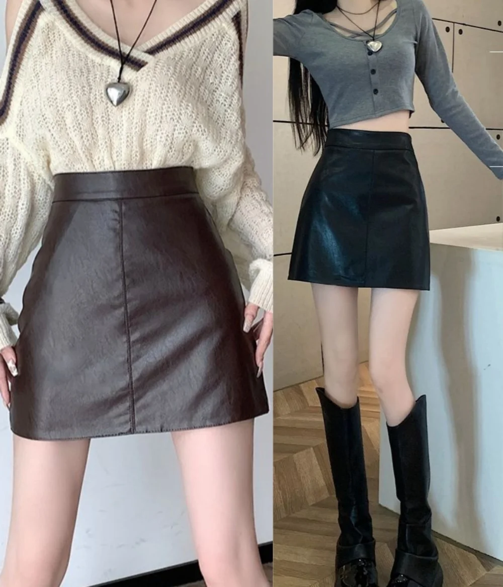 Faux Leather Mini Skirt for Women High Waist A-line PU Short Skirt with Built-in Shorts Black Brown Autumn Winter Trend Outfit