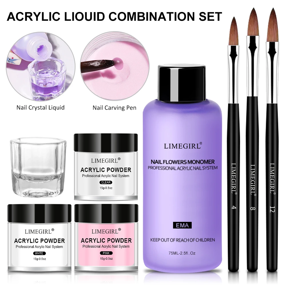 Acrylic Powder French Manicure Dust Professional White Clear Pink Crystal Polymer Builder Nails Extension Gel Kit Nail Set