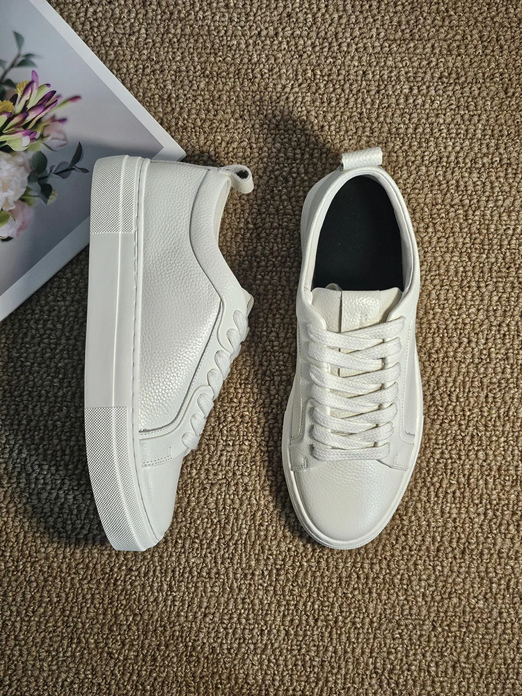 MOOQDAAX 2024 Spring Autumn England Style Fashion Genuine Leather Cowhide Casual Vulcanized Pure White Shoes Sneakers Woman