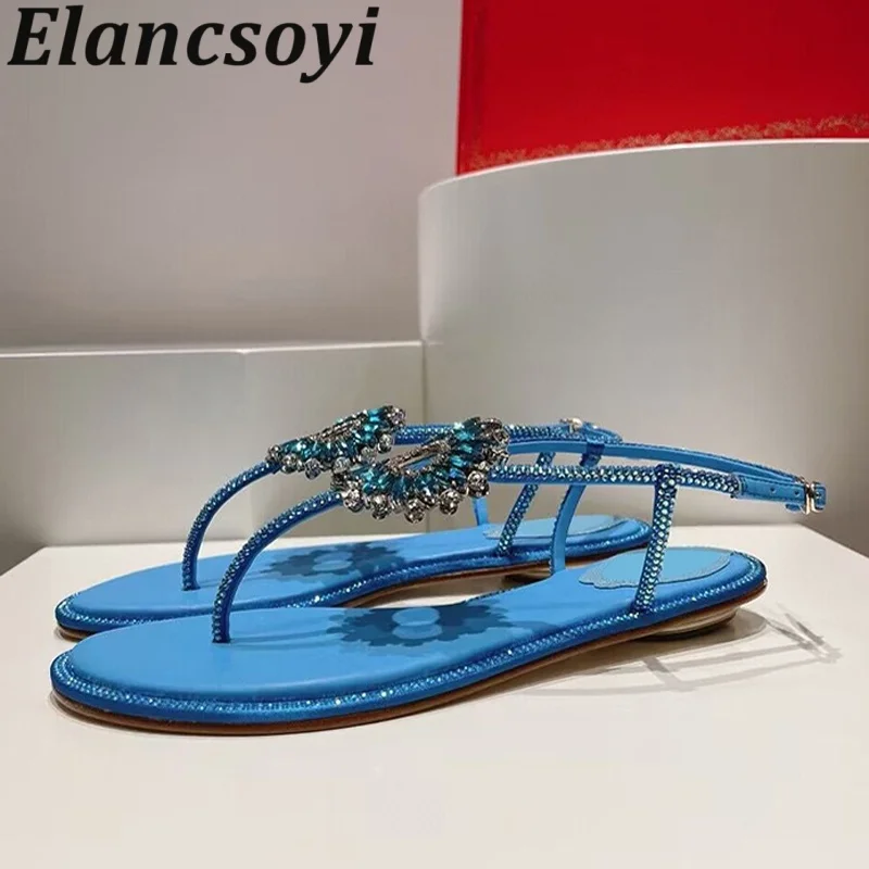 Spite Toe Flat Sandals Women's Shiny Rhinestone Bow Decor Ankle Strap Sandalias Summer Outdoor Leisure Beach Shoes Gladiator