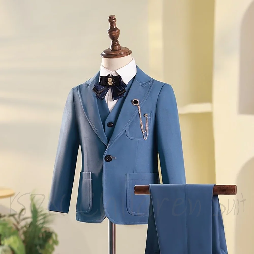 Chic Peaked Lapel Boy's Suit Solid Color Formal Occasion Elegant Boy Outfit Three Pieces Jacket Vest Pants Customized Child Set