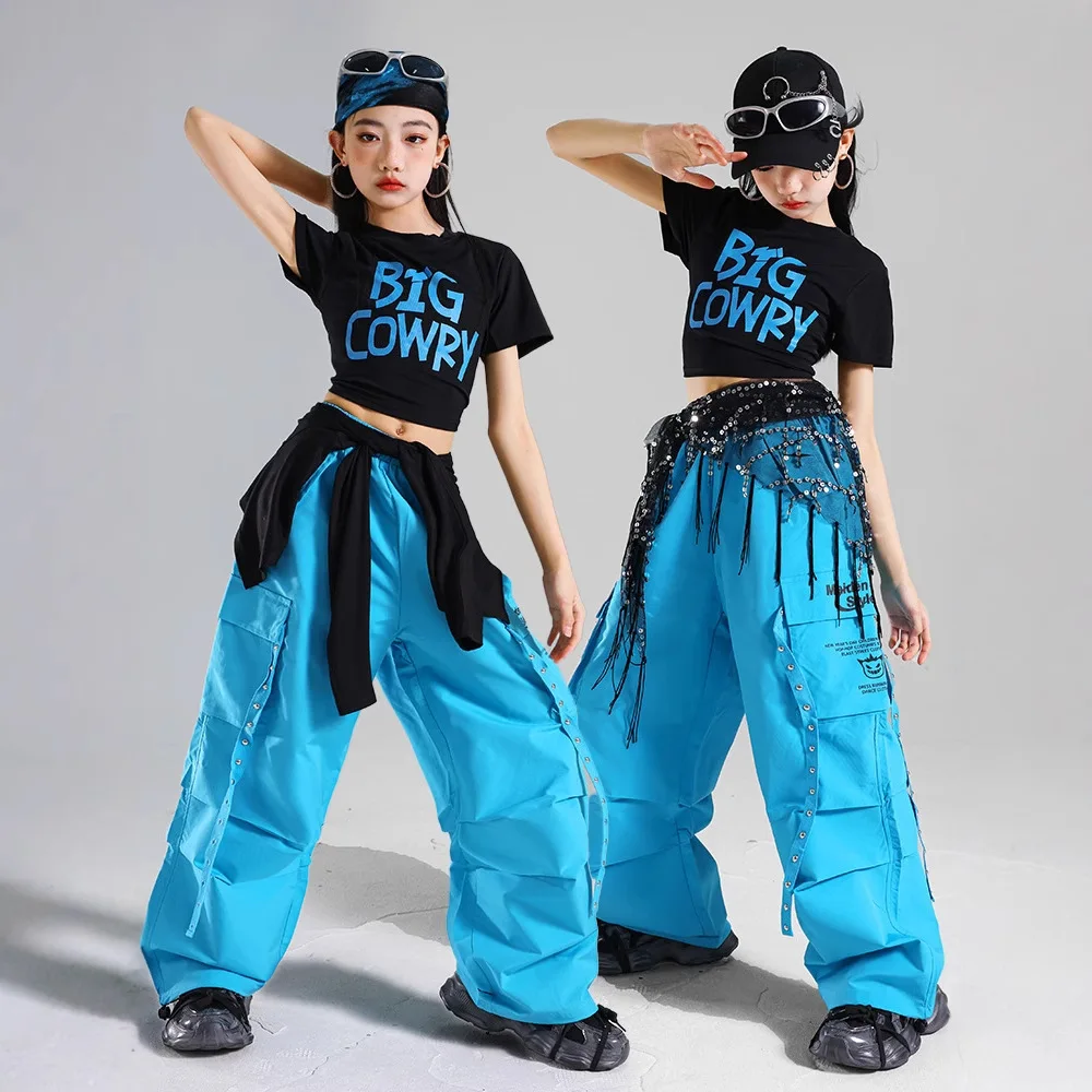 

Hip Hop Girls K-pop Clothing Crop Top Dance Blue Joggers Cargo Pants Child Girl Group Clothes Sets Kids Streetwear Jazz Costumes