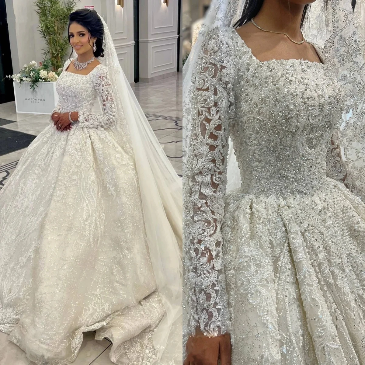 

Luxurious Wedding Dresses Appliques Pearls Bridal Ball Gowns Square Neck Long Sleeves Princess Customized Vestidos De Novia