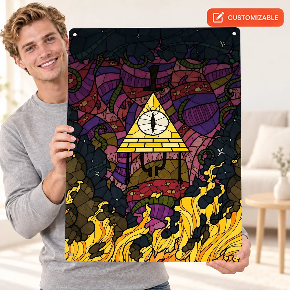 Bill Cipher Textured Metal Poster Personalized Aluminum Sign Ornamental Stained Glass Design Wall Art For Bedroom Birthday Gift