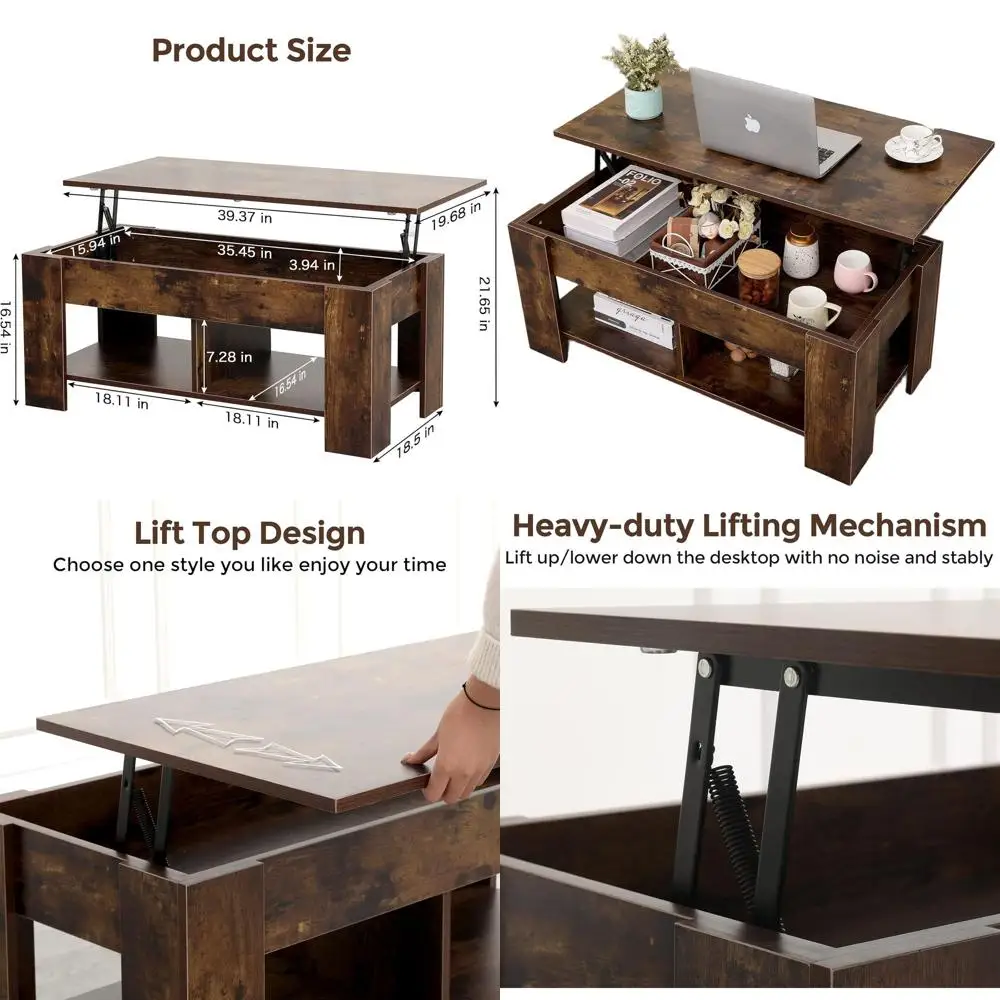 

Современный журнальный столик для хранения вещей с подъемной столешницей и 2 полками для гостиной, офиса