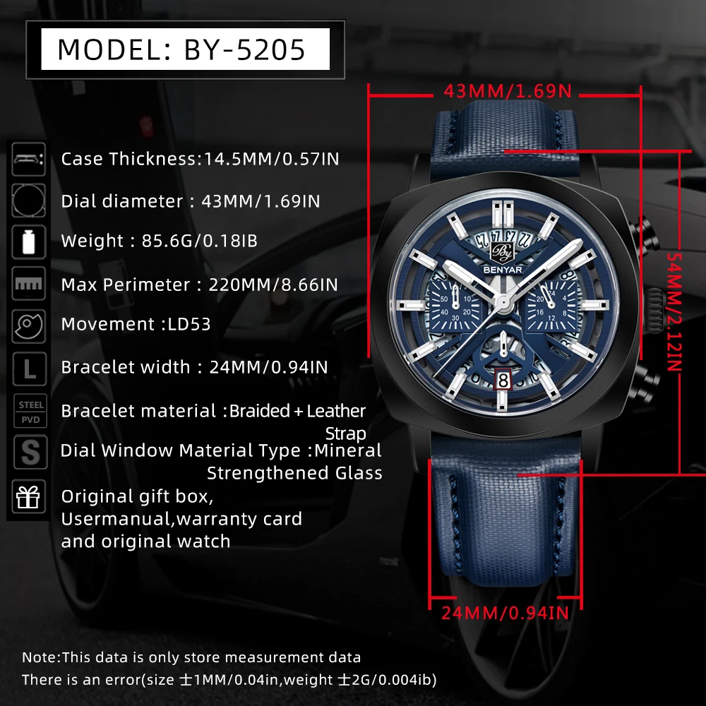 Benyar 2026 Men's Quartz Watch 43mm Luminous Dial 50m Water Resistant Anti-Reflective Chronograph Fashionable New Reloj Hombre