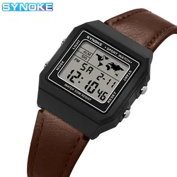 SYNOKE Leather Watch Outdoor Sports Multifunctional Waterproof Large Screen Display Luminous LED Digital For Men Retro Fashion