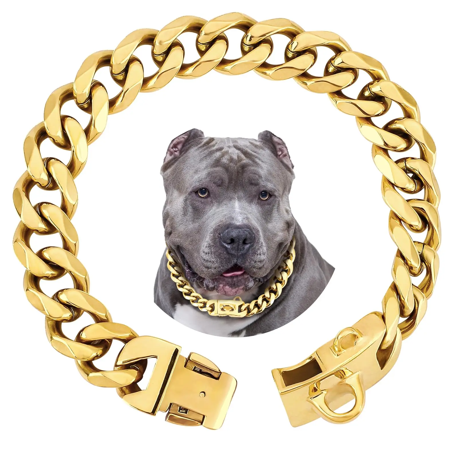 Strong Heavy Duty 19MM Wide Light Metal Strong Metal Cuban Link Dog Collar,Gold Dog Chain Collar for Small Medium Dogs