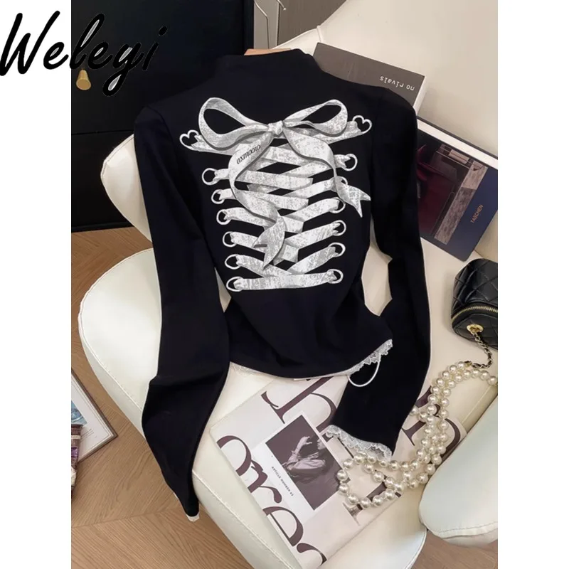 Hot Girl Graphic T Shirts High Neck Lace Stitching T-Shirt American Sexy Women's Slim Print Long Sleeve Short Top Women Clothes