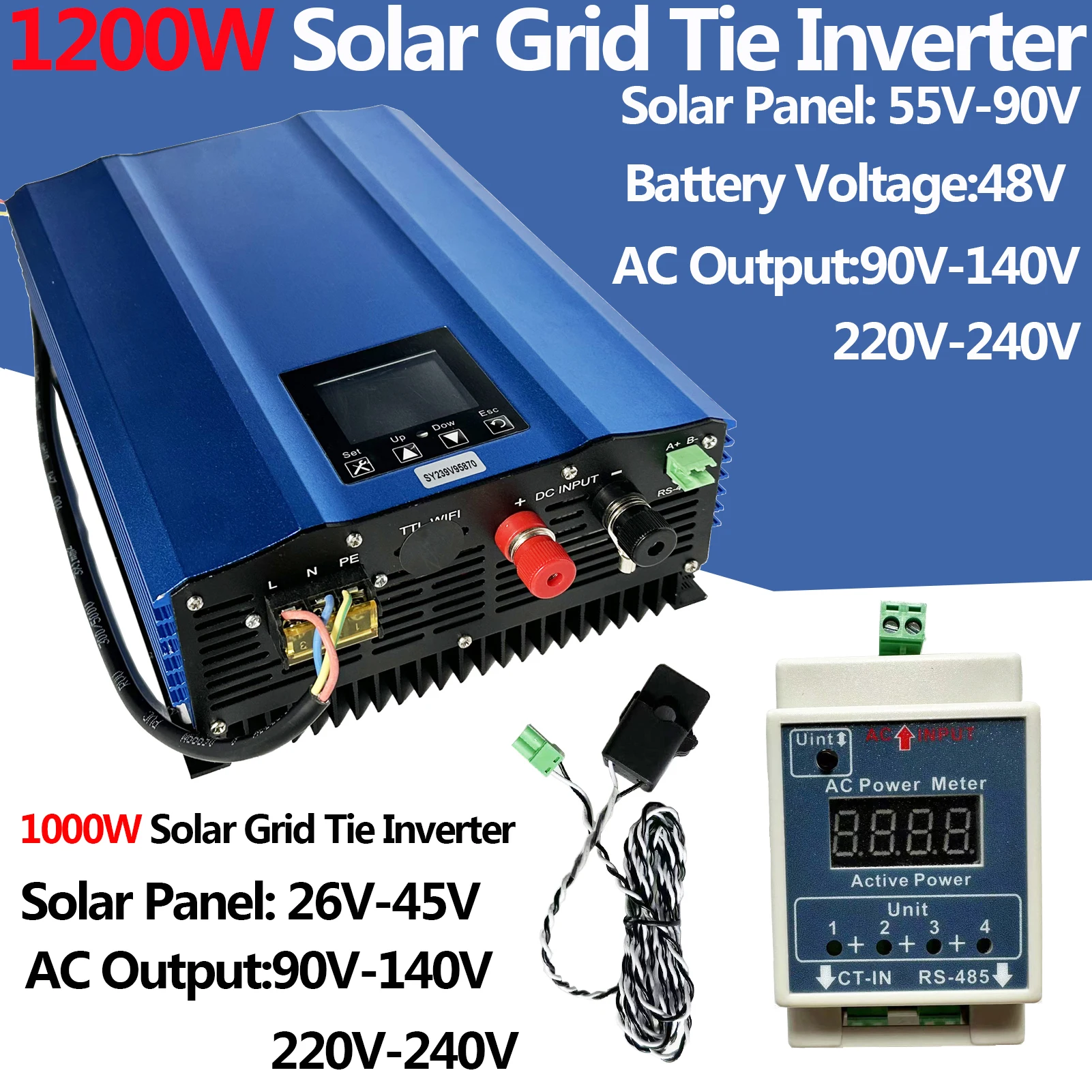 

TINGEN 1000W Grid Tie Inverter with LCD Display Solar Panel DC Input 26V-45V/55-90V Battery Voltage 24V/48V AC Output 110