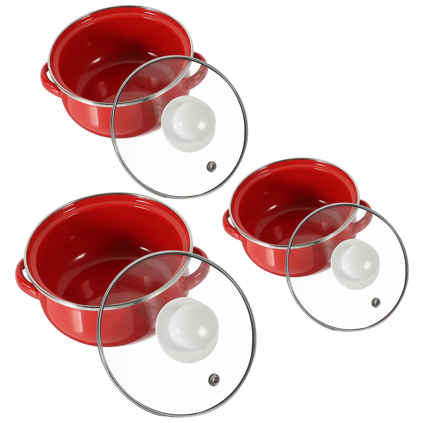 3 Pcs Mixing Bowls Enamel Pot Sauce Pan with Handle Convenient Flat Bottom Stew Casserole Pots Red Decorative Cooking