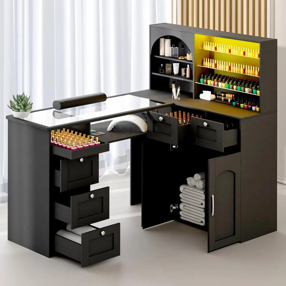 Manicure Table Nail Tech Desk w/LED Display Shelf, L-Shaped Glass Top Nail Station w/USB Ports, Cabinet, Drawer, Wrist