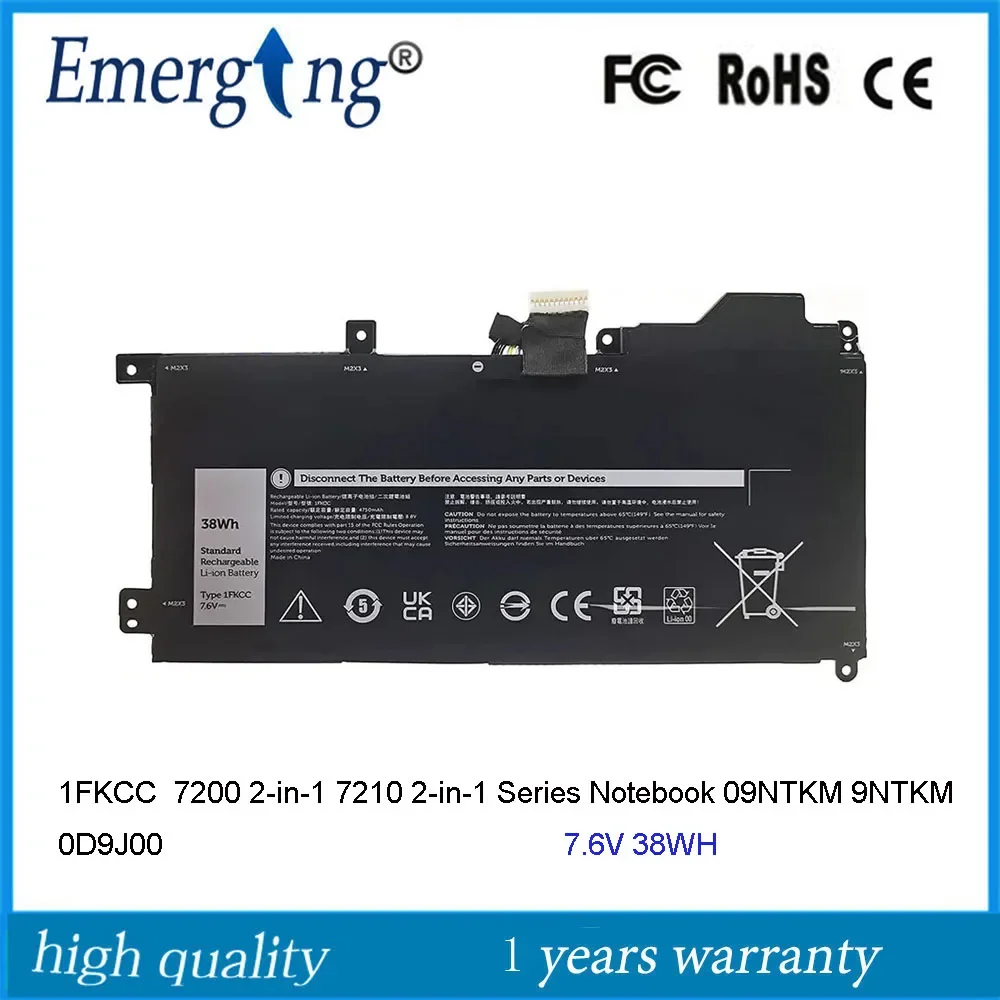 7.6V 38Wh 1FKCC Laptop Battery for Dell Latitude 7200 2-in-1 7210 2-in-1 Series Notebook 09NTKM 9NTKM 0D9J00 0KWWW4 KWWW4