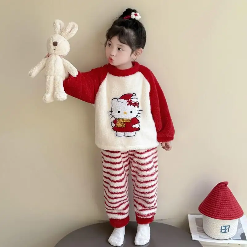 

Пижамный комплект Sanrio Hello Kitty, фланелевый комплект для девочек, новый стиль, весна-осень-зима, утолщенный, теплый, кораллового цвета, детская одежда для сна