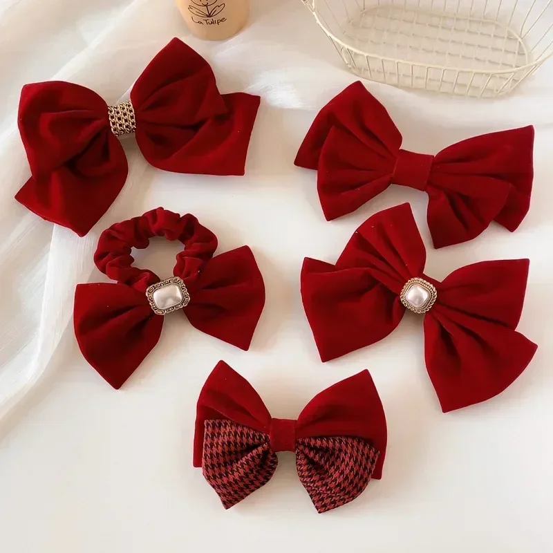 Red Black Velvet Bow Hairpin Elegant Butterfly Hair Clip Vintage Light Luxury Premium Feel Hair Ring Ponytail Braid Barrette