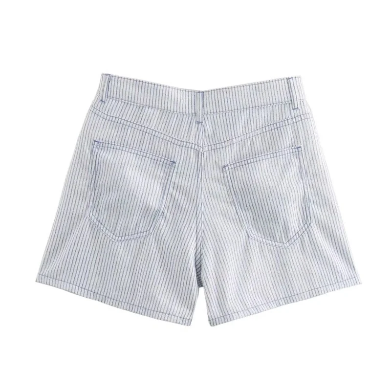 Casual Stripes สั้นกางเกงภาษาฝรั่งเศสคํากางเกงขาสั้นฤดูร้อนกางเกงหลวม Lady กระเป๋าเสื้อผ้าผู้หญิงสีขาว Office Streetwear