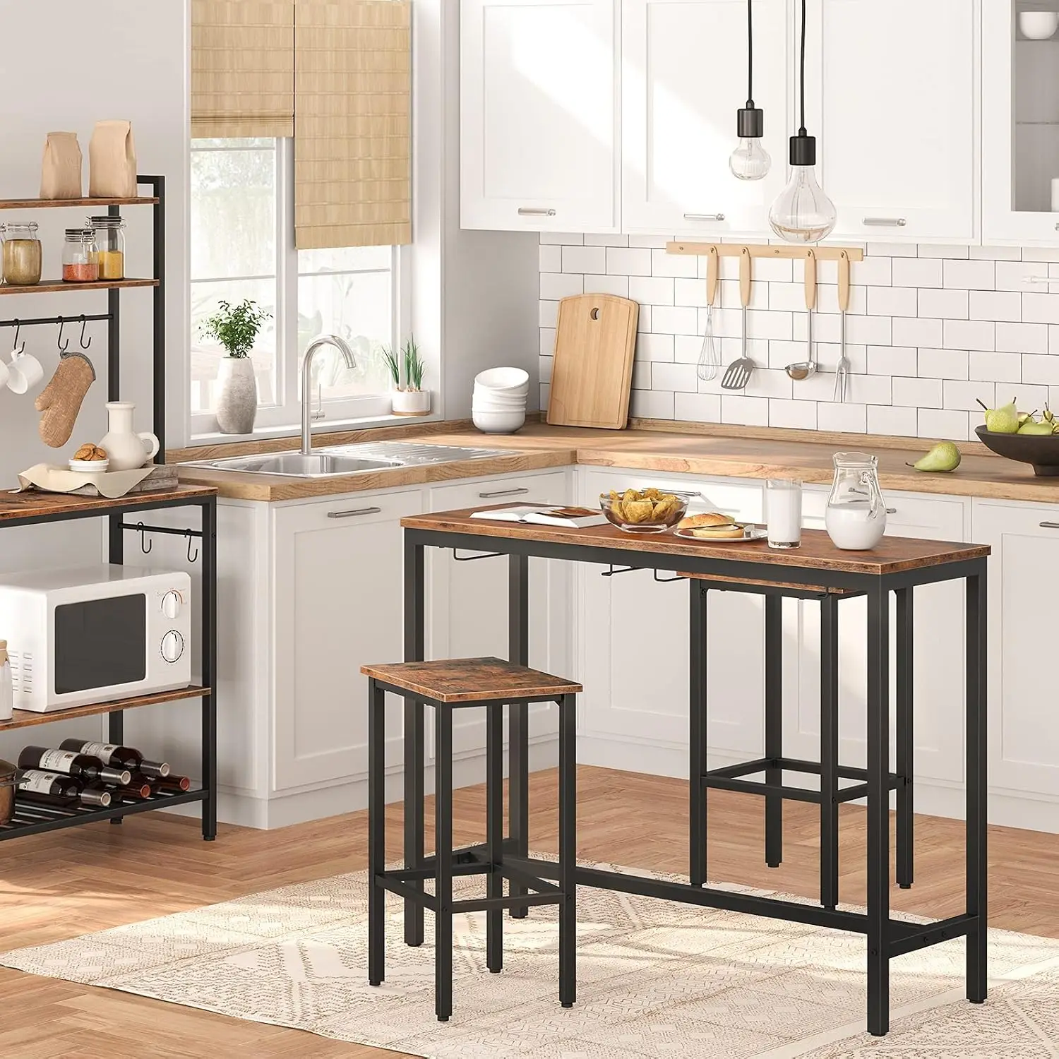 Bar Table Set Pub Height Stools Set 2 Bar Chairs Under Counter Table Small Spaces Industrial Dining Sets Kitchen Living Room Par