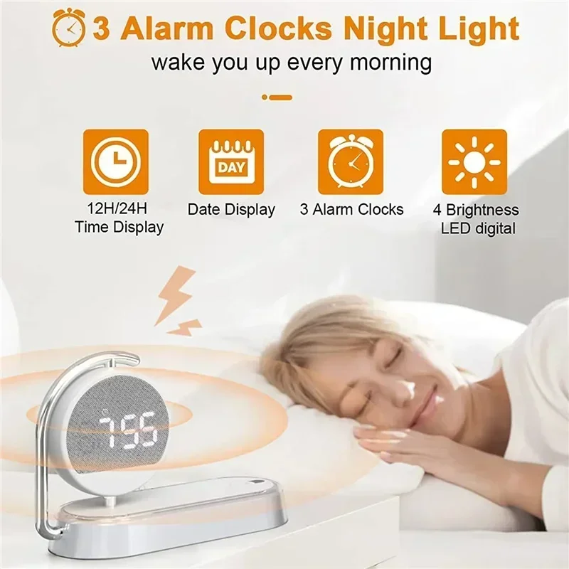 LED Night Light 3 Lights 360° Rotate Clock Alarm Clock Desktop Mobile Phone Wireless Charger for Bedroom Smart Phones Room Decor