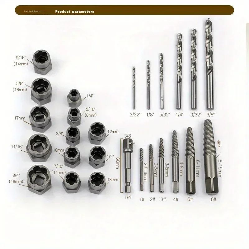 26-pc set of broken nut extractor to remove hexagonal screw tool sleeve bolt nail   wire  With box hand tools