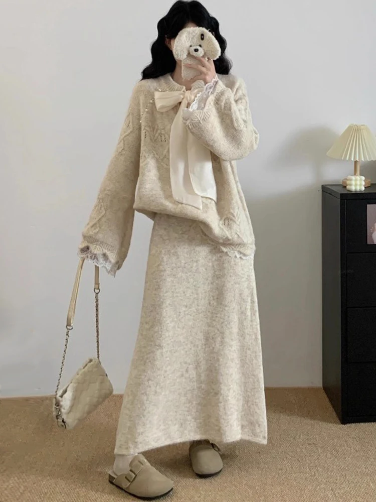 

Large Size Women's Knitted Sweater Set Autumn Fashion High Waist Long Skirt Two Piece Ensemble Comfortable Casual Outfit