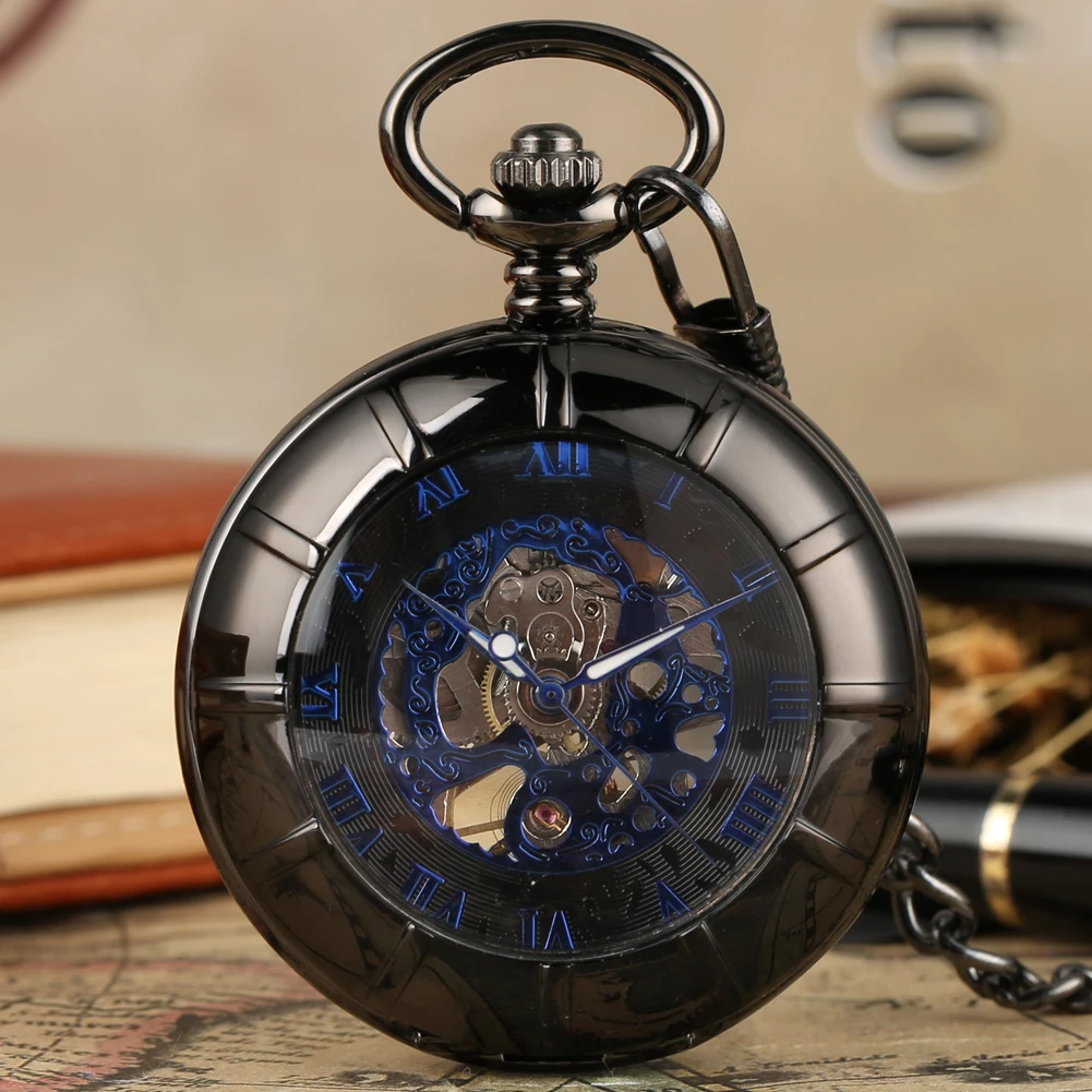 

Steampunk Black Mechanical Hand Winding Pocket Watch Transparent Glass Blue Roman Numerals Display Pendant Clock Chain Gift Men