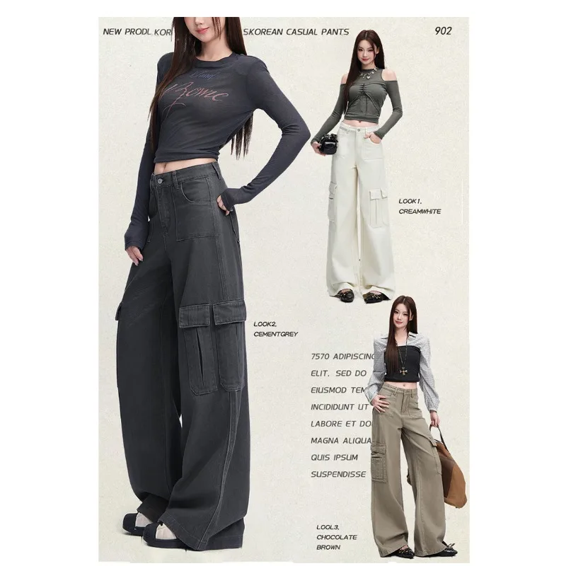 2026 Early Autumn Women Cream White American Multi‑Pocket Cargo Jeans Loose Straight Versatile Fashion Street Casual Denim Pants