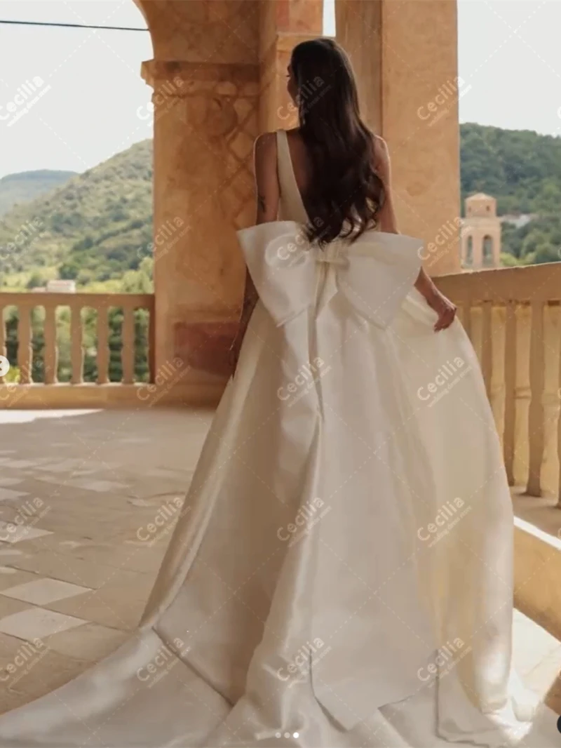 Simple Wedding Dresses Graceful Bridal Gowns Bow Decoration Robes Sexy High Slit Sleeveless Vestidos De Novia Customized 2025