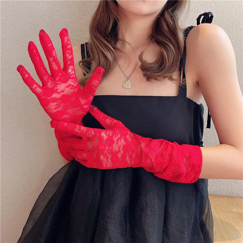 43Cm Women's Summer Thin Lace Hollow Gloves Long Full Finger Driving and Cycling Uv Protective Sunscreen Gloves