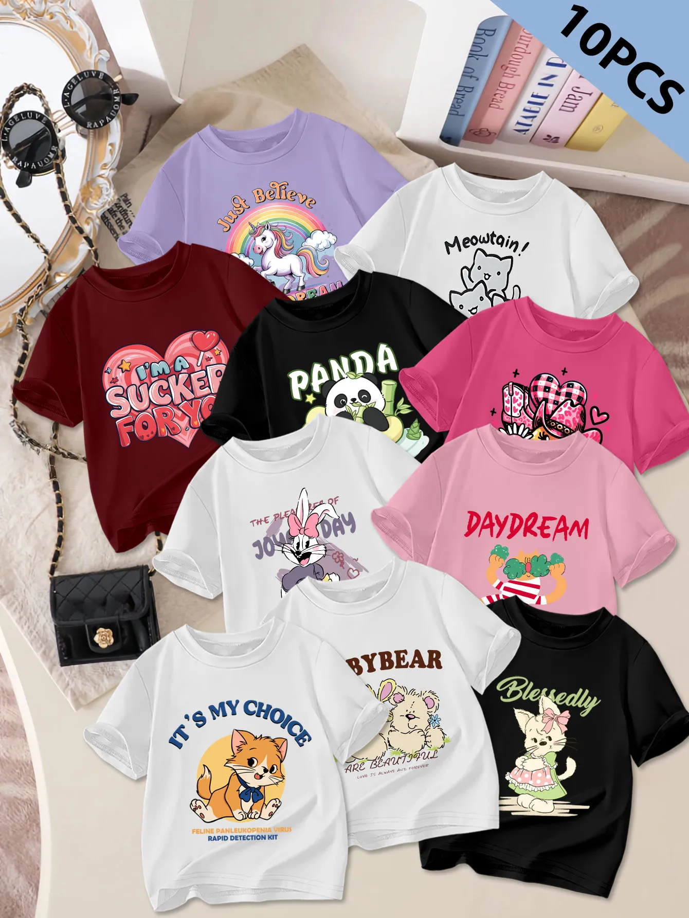 

10 шт.: летняя милая и милая футболка с короткими рукавами для девочек, принт с рисунком кота и единорога.