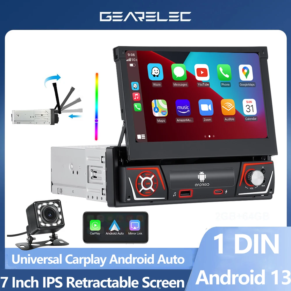 Autoradio 1 Din Android 13 7 pouces Carplay Android Auto écran rétractable universel voiture lecteur vidéo multimédia GPS WIFI FM BT