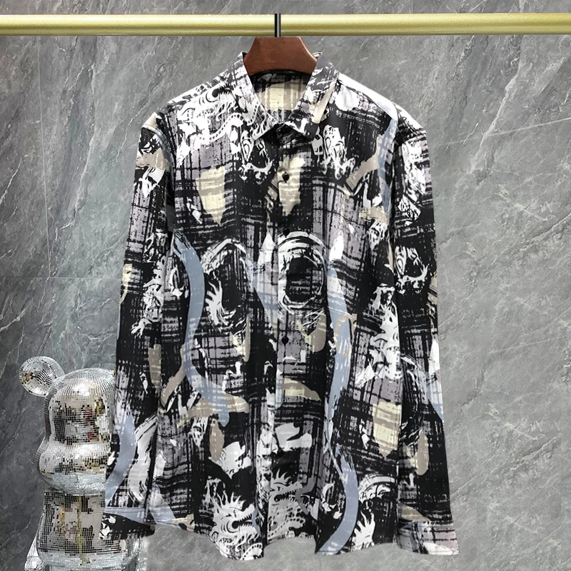 

Fall Vintage Contrast Geometric Print Shirt Casual Men Shirt Dress Camisa Masculina Social British Style Men Long Sleeve Shirt