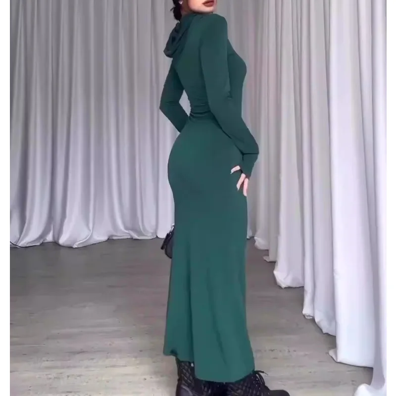 

Women Sheath Hooded Dress Pullover Solid Vestidos Sexy Wrap Buttocks Ankle Length Dresses Solid Spliced Slim 2024 Casual