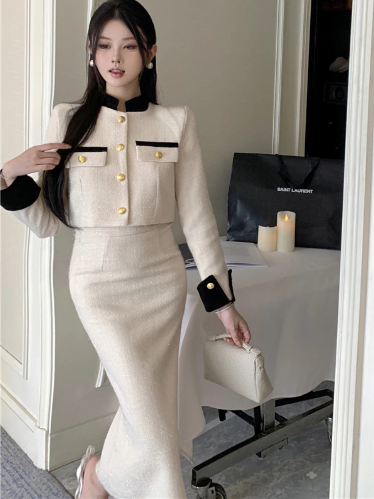 

New Two Piece Set Women Skirt 2023 Autumn Workplace Small Fragrance Stand Long-sleeve Tweed Jacket + Fashion Midi Pencil Skirt