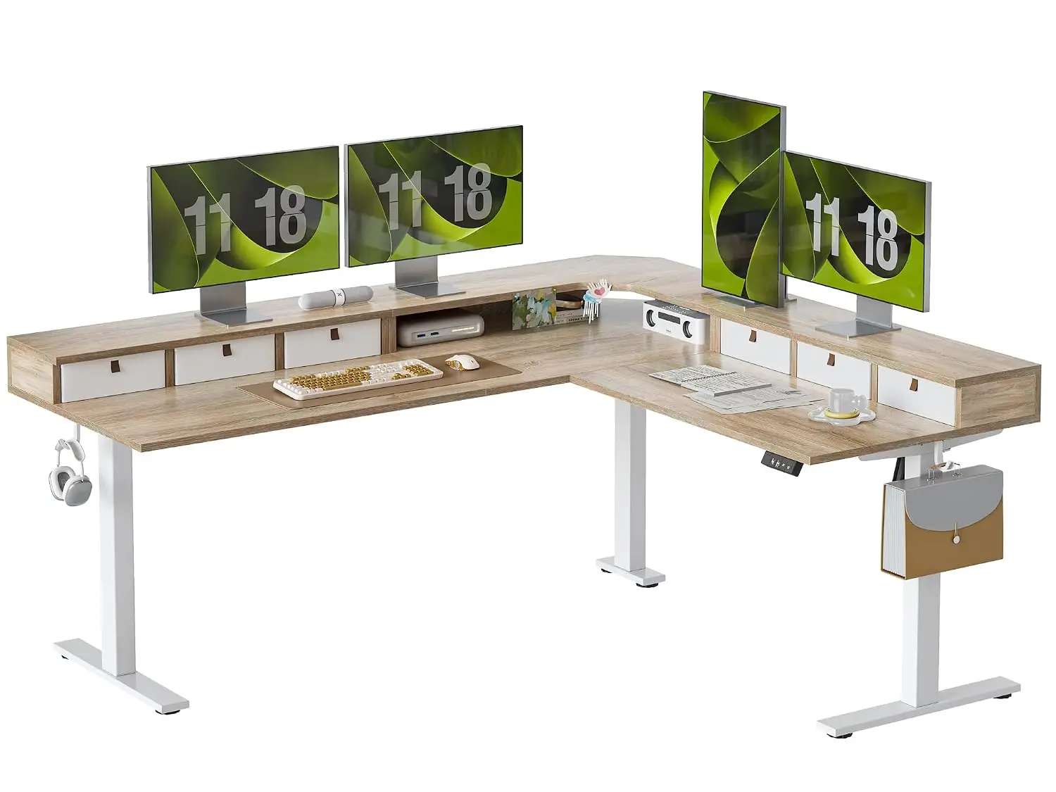 L Shaped Electric Standing Desk 75x61 Inch 6 Drawers Upper Shelf Splice Board, Corner Sit Stand Computer Table Maple, Customized